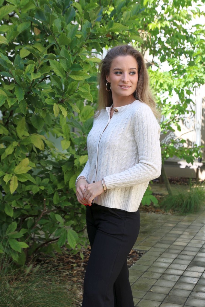 [10017419] Cardigan Lora nm90 kabelsteek ronde hals doorgeknoopt - Beige Detail