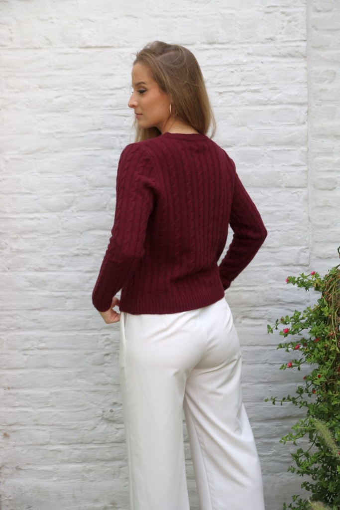 [10017419] Cardigan Lora nm90 kabelsteek ronde hals doorgeknoopt - Bordeaux Detail