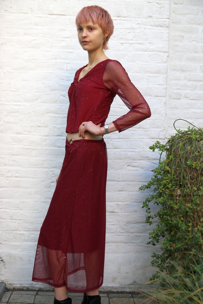 [200959] T-shirt Lyano nm43 V-hals met ovale ring studs op netstof - Bordeaux Detail