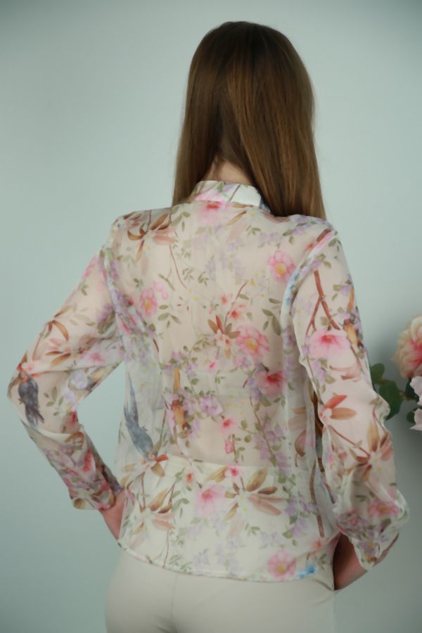 [201561] Blouse Nuh bloemenprint ronde hals met volants - Beige Detail