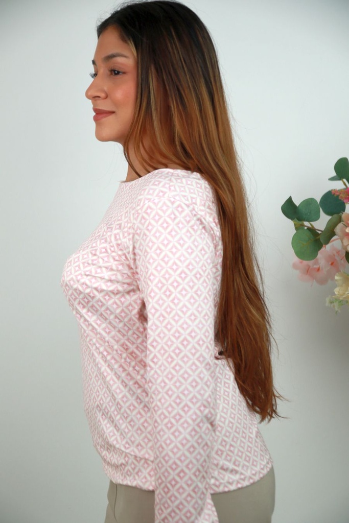 [201570] T-shirt Rodin nm20 blokjes met 4-punt-ster in bol jersey - Wolwit-roze Detail