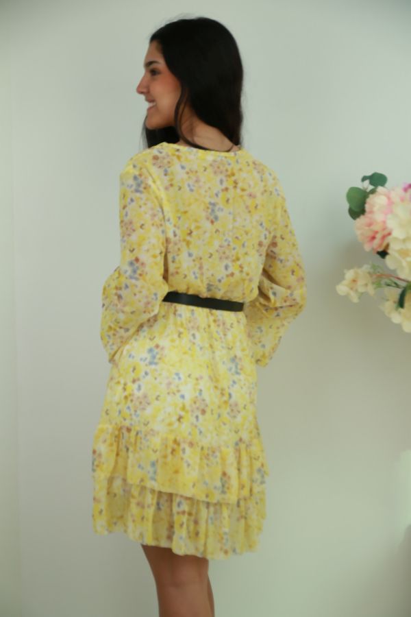 [201597] Jurk Najib nm45 bloemetjes v-hals trompetmouw  - Geel Detail