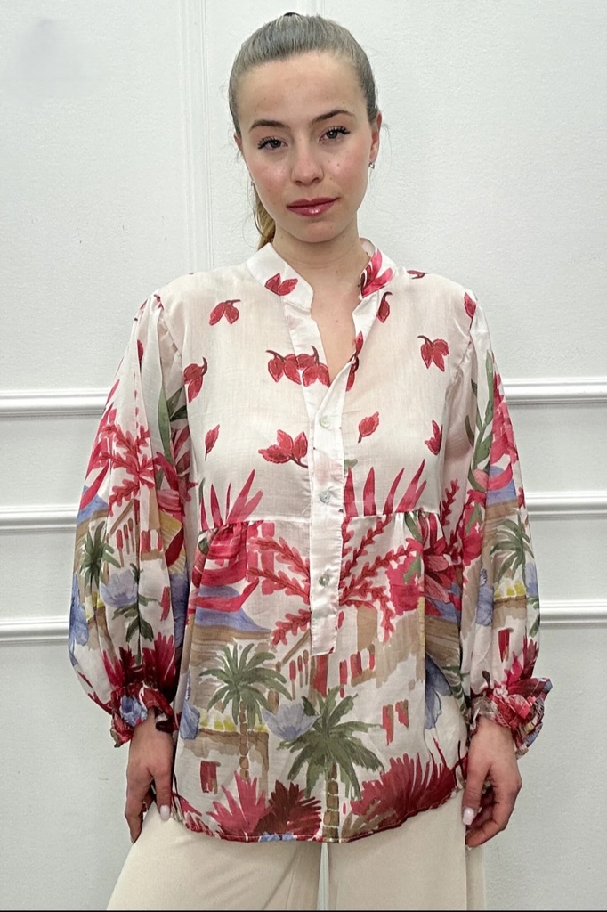 Blouse Jaina nm85 tencel bladjes en bloemen tunesische kraag