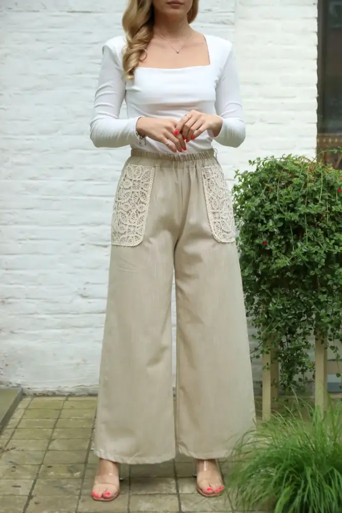 Linnen flare broek Jaylian nm99 gehaakte zakken