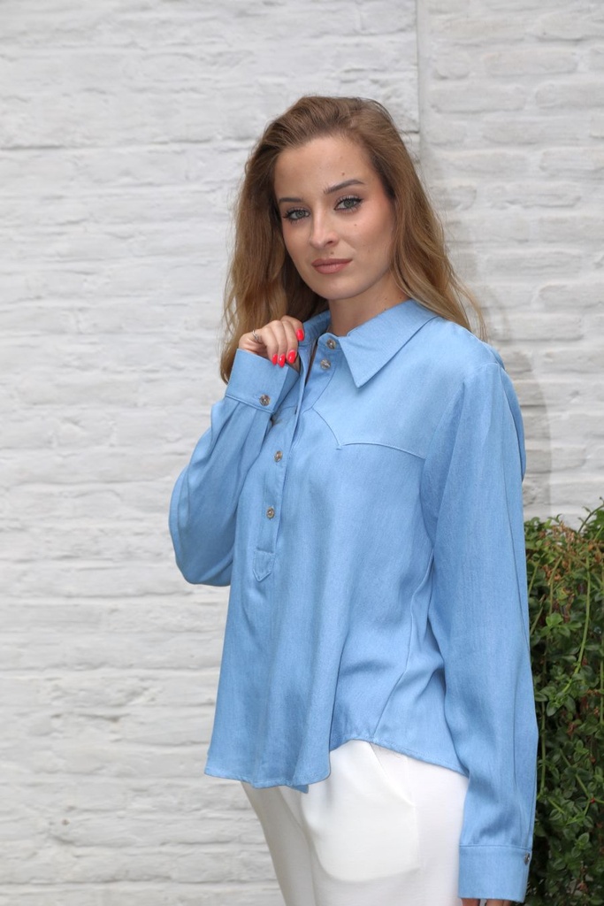 Jeansblouse Janco nm100 tencel polokraag 5 nacrÃ© knopen