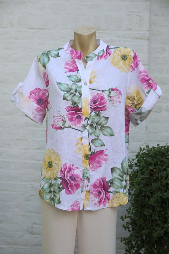 Blouse Jennigje nm100 rozenprint linnen katoen Tunesische kraag