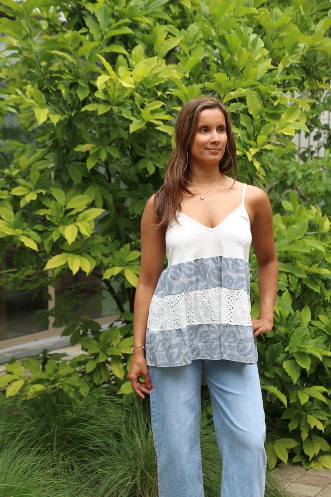 Top Jalila nm100 4 traps katoen jersey ajour Engels borduur en denim