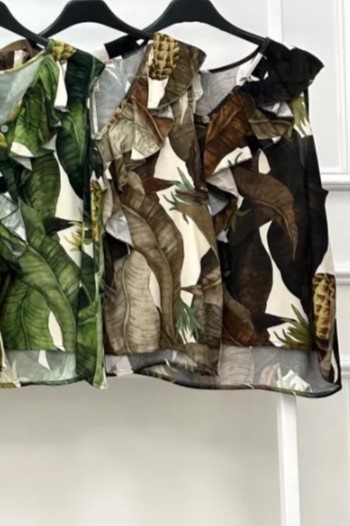 Sleeveless blouse Lana nm100 leaf print V-neck flounce