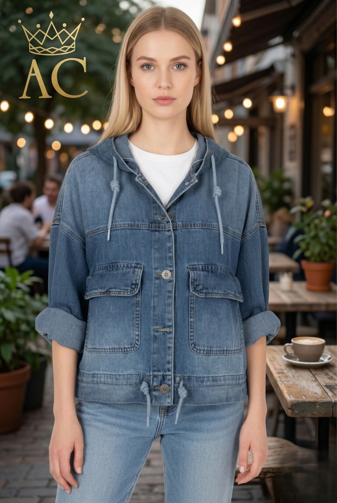 Denim jacket Oubayd nm86 capuchon rijglint grote borstzakken