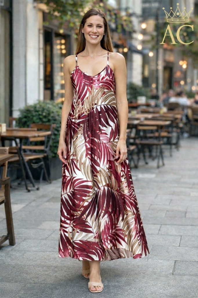Long satin dress Ouanis palm leaf print sphagetta straps A-line