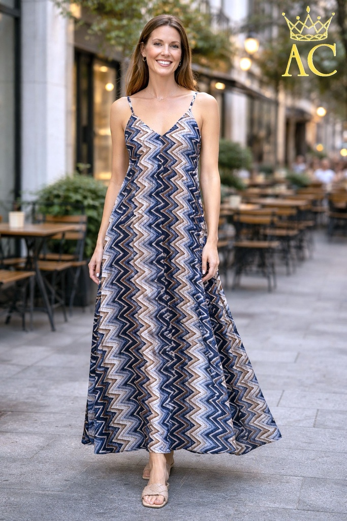 Long satin dress Orcun zigzag print sphagetta straps