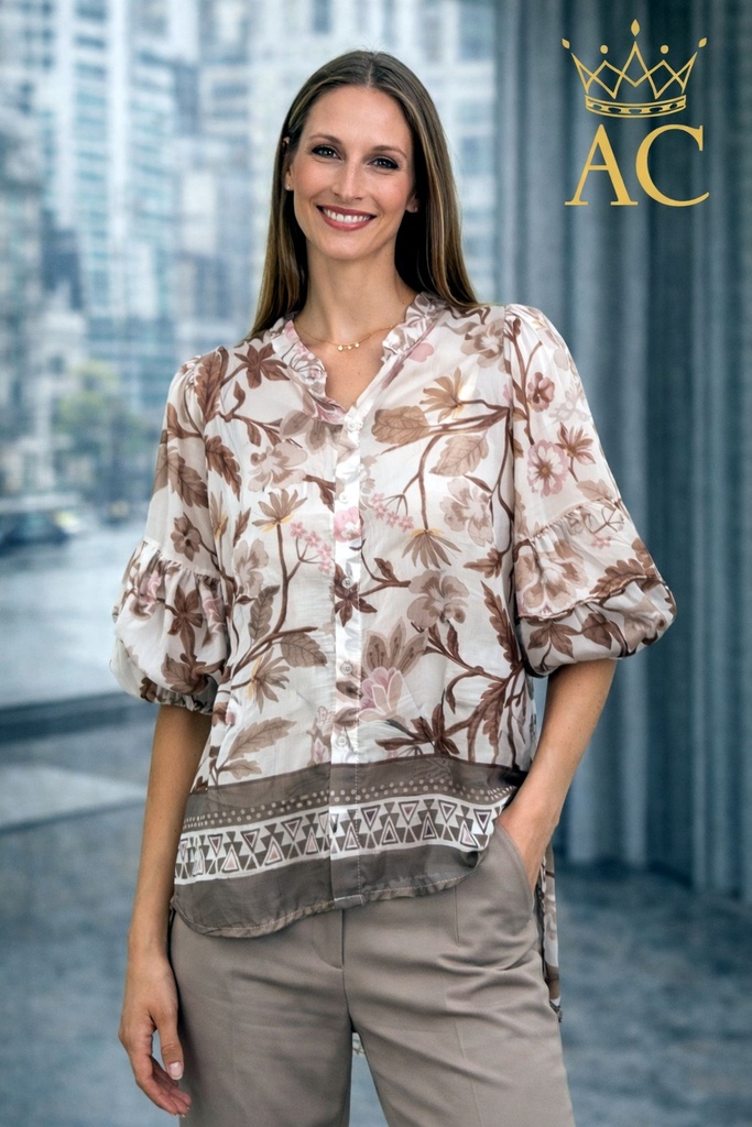 Chemisier Ouke nm85 floral tencel bouffant col tunisien nacré boutonné à travers