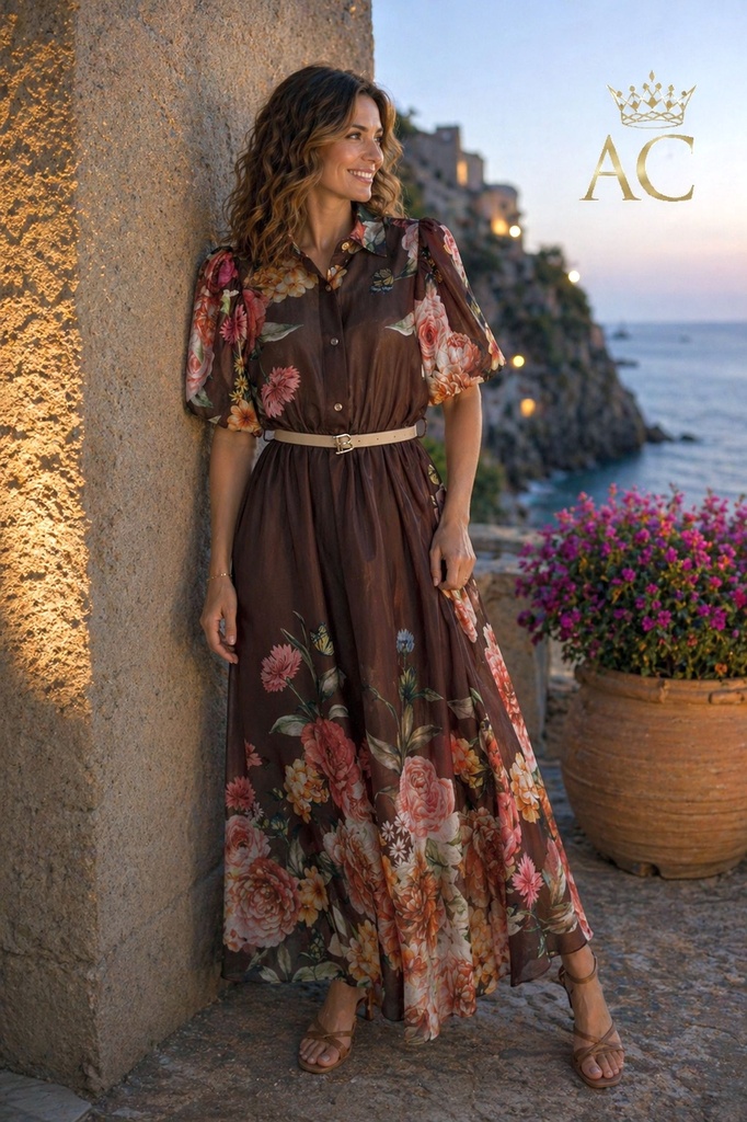 Long dress tencel floral print slit waist