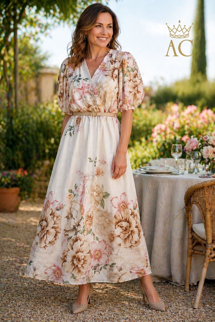 Long dress Osker nm100 floral tencel puff sleeve crossed V-neckline