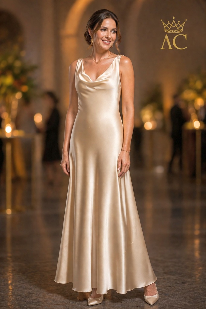 Robe de cocktail longue Ossama col drapé devant et dos jupe cloche satin lourd