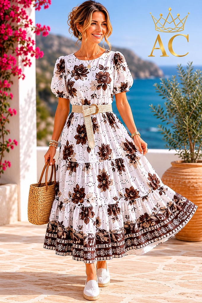 Robe longue d'été Oonah nm100 fleur et cachemire ajour brodé coton encolure ouverte 2 pièges jupe cloche