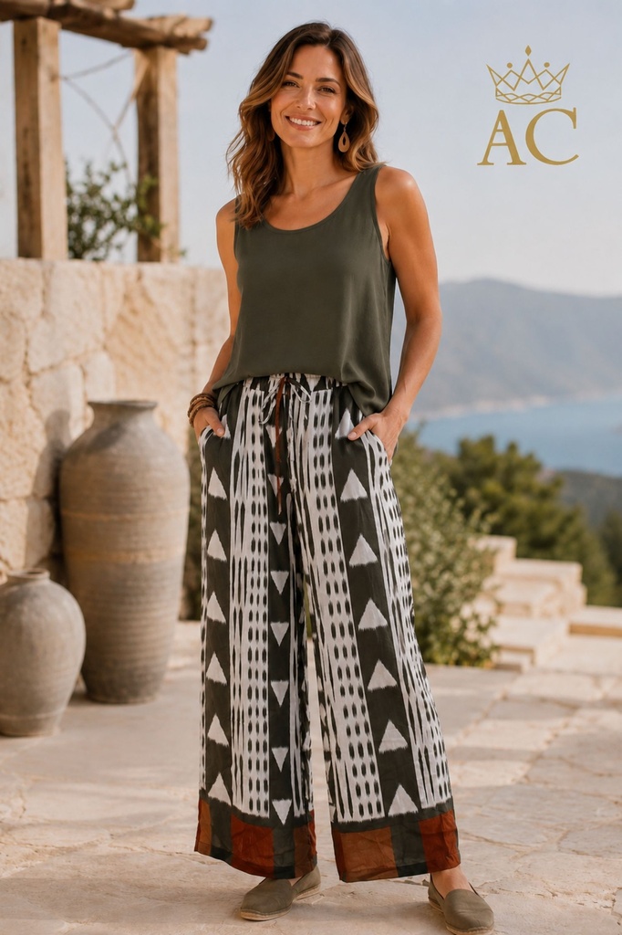 Flare pants Stephanie nm85 abstract vertical print stripes and triangles with color block hem
