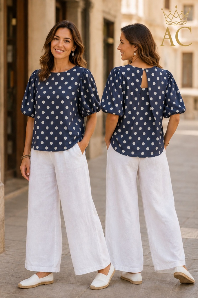 Blouse Sydney nm50 polka dot pofmouw  met druppelvormige rugopening en plooiaccent en knoop-lussluiting