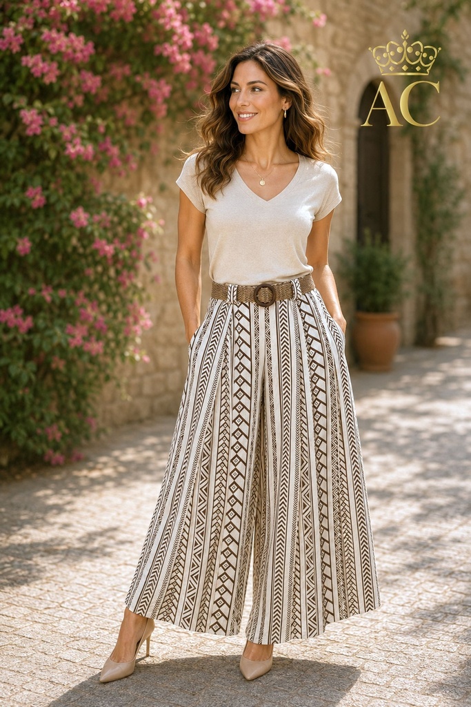 Orsinio nm84 Pants with Stripes and Blocks, Raffia Belt