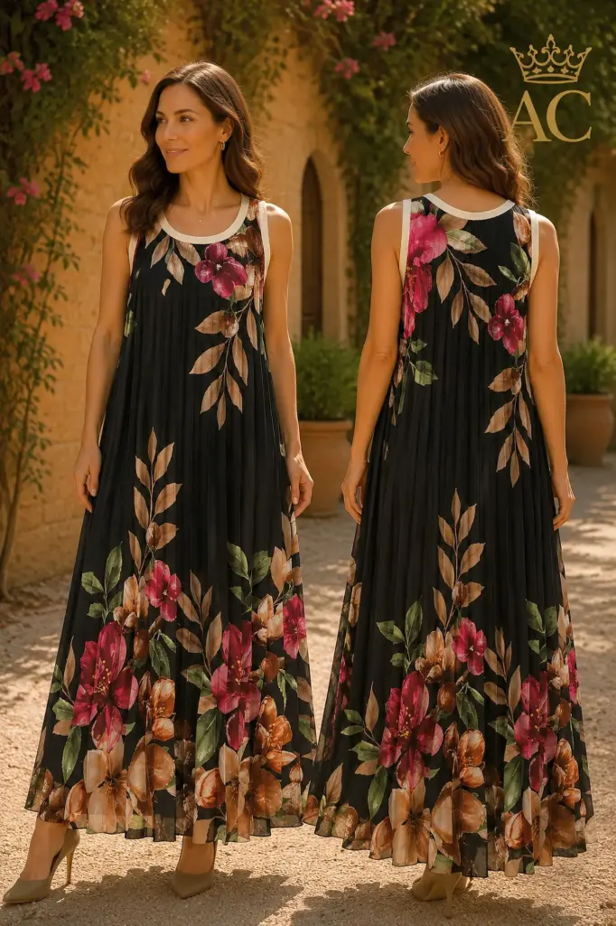 Robe longue Orpheus à fleurs, en satin plissé, avec bordures en tricot doré