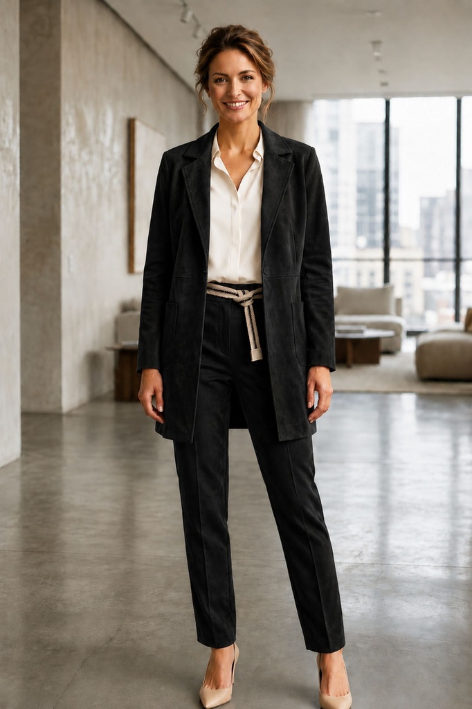 Tyler Jacket, eco-suede, lapel collar, patch pockets, mid-length