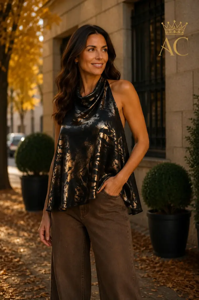 Top Tiara Tiger-Print Open-Back Draped Collar