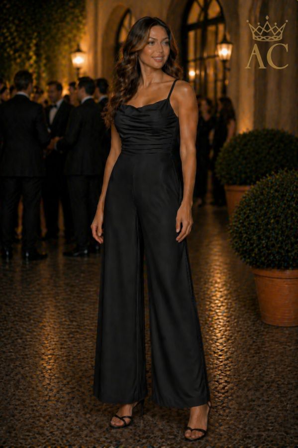 Tim Jumpsuit: Draped bust, adjustable spaghetti straps, straight-leg pants