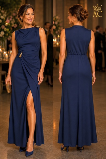 [202255] Long Oriasha satin cocktail dress with an envelope skirt and gold-plated brooches on the shoulder and waist