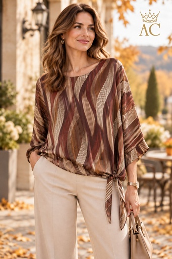 [202674] Blouse Tos nm47 slingerpatchprint lurex draad vleermuismouw taillestrik open hals gevoerd