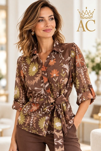 [202844] Blouse Patricio nm100 tricotbloemen rugvolant tailleknoop 3 platte plooien optreklintmouw blousekraag