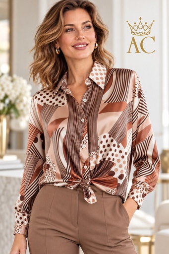 [202845] Blouse Phelien bollen en strepenpatroon nacré knopen blousekraag tailleknoop