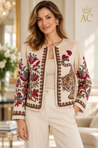 [202852] Vestje Peace ecosuède tricot bloemenmotief en tijger