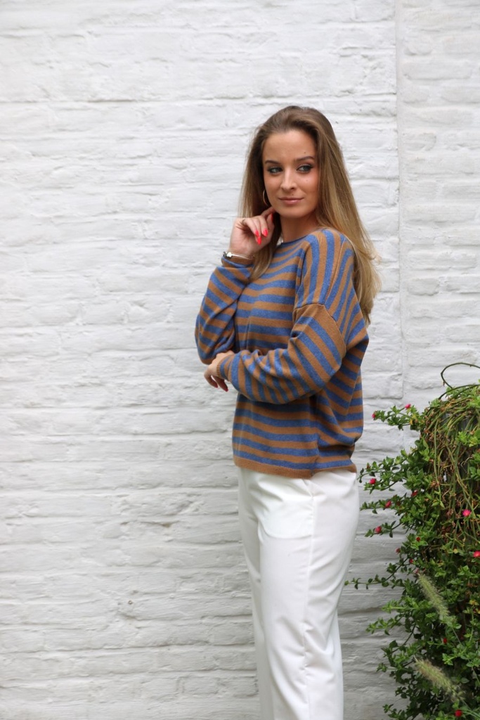 [10017422] Pul Lissa nm80 ingeweven medium horizontale strepen  - Camel-blauw Detail