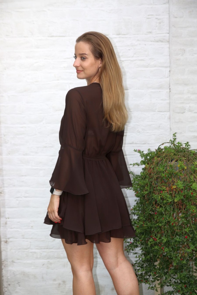 Crepe dress Joanna with trumpet sleeve - Bruin Detail
