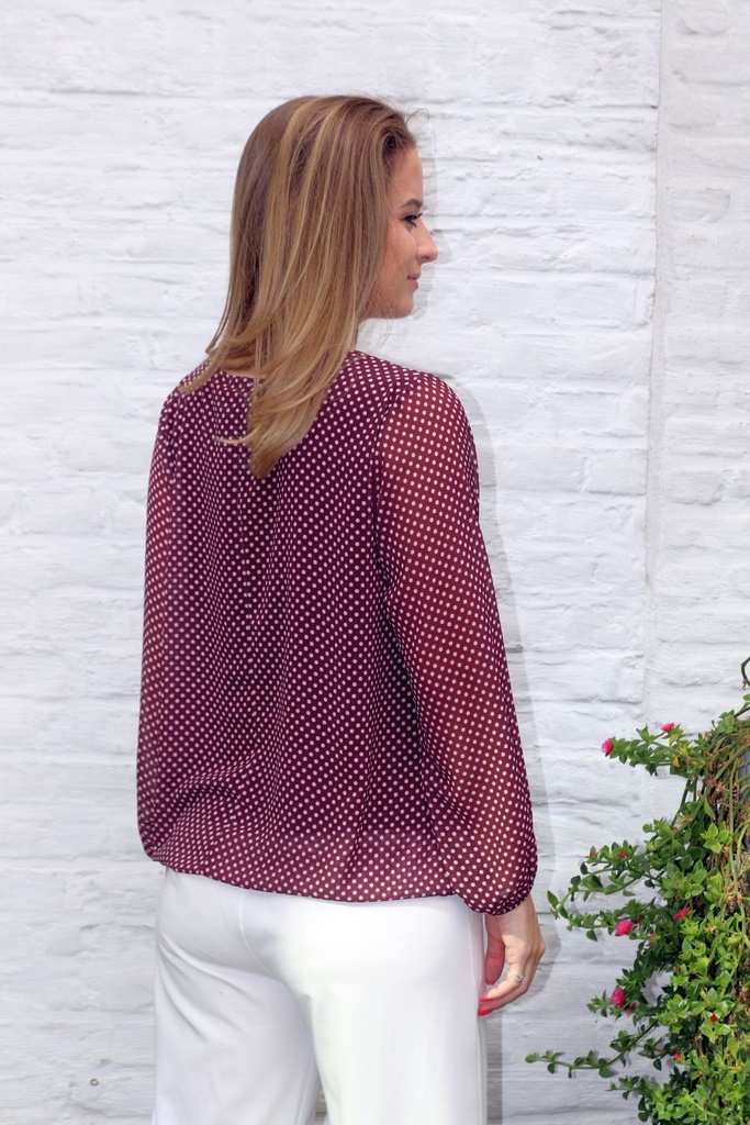 [10017339] Blouse Lizzie nm43 stippenprint open hals  - Bordeaux-beige Detail