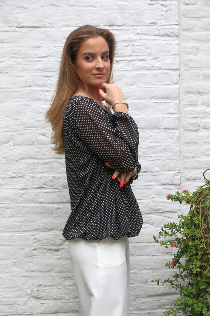 [10017339] Blouse Lizzie nm43 stippenprint open hals  - Zwart-beige Detail