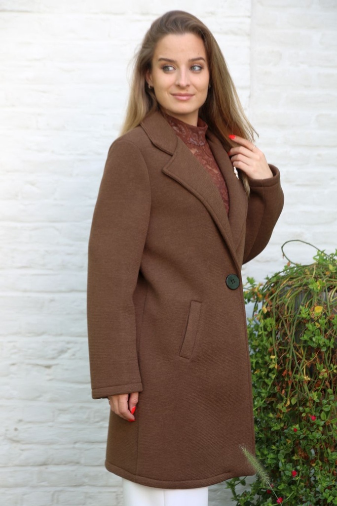 [10017327] Jas Lilou nm65 puntkraag 1 knoop in schuine insteekzakken scuba viscose voering - Bruin Detail