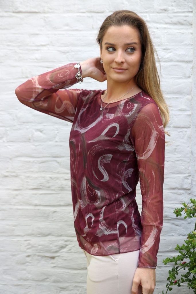 T-shirt Lincoln nm43 sliertenprint op netstof open hals  - Bordeaux-beige Detail