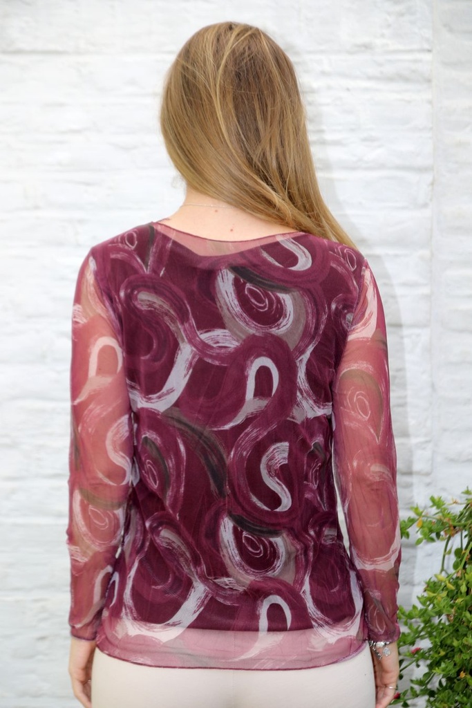 T-shirt Lincoln nm43 sliertenprint op netstof open hals  - Bordeaux-beige Detail