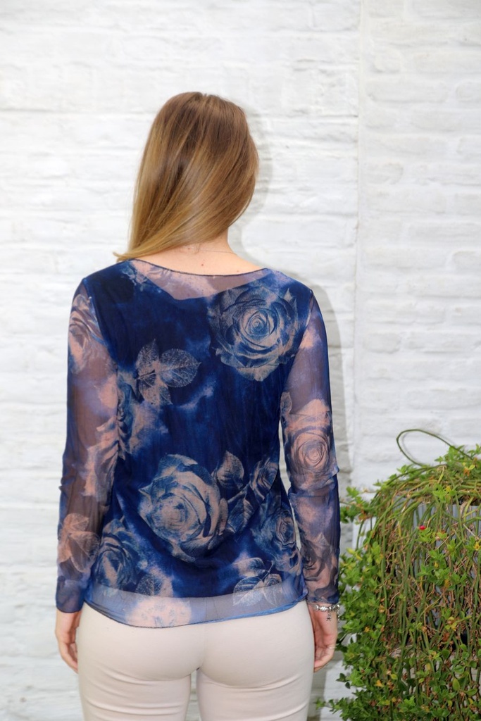 T-shirt Lincoln nm43 sliertenprint op netstof open hals  - Donkerblauw-beige Detail