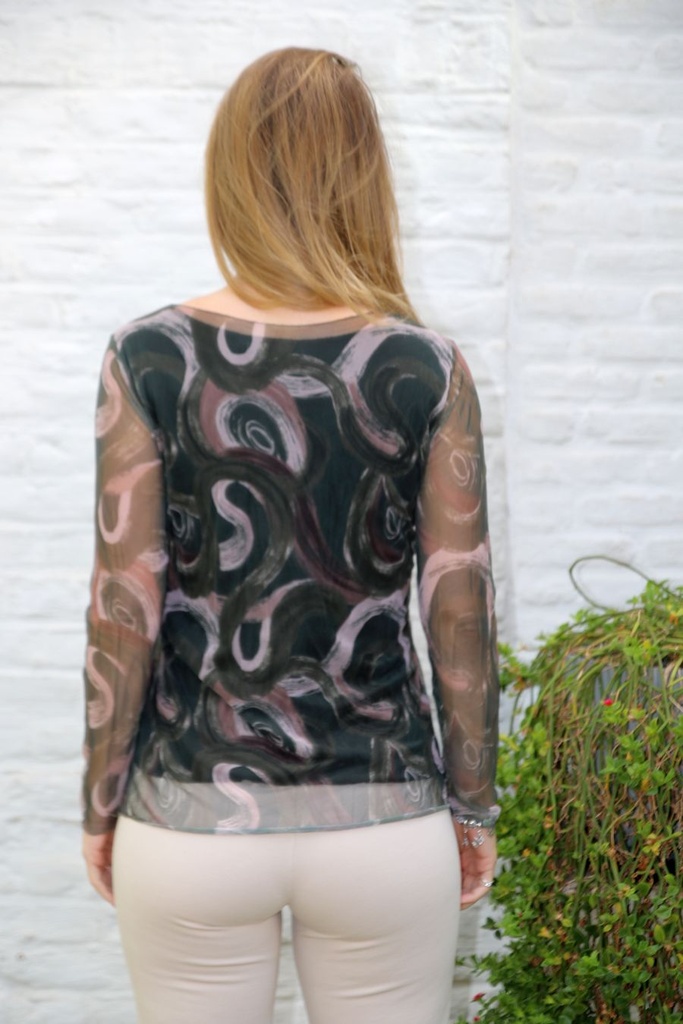 T-shirt Lincoln nm43 sliertenprint op netstof open hals  - Donkergroen-beige Detail