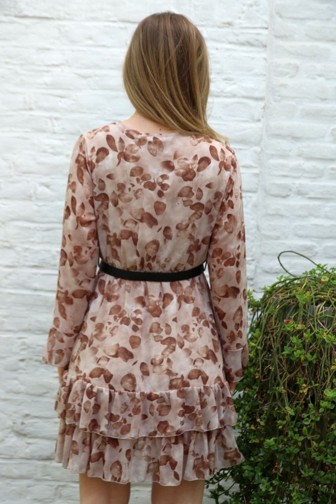 [10017483] Lucius nm38 bladjes print gekruiste V-hals klokrok 2 volants  - Beige-bruin Detail