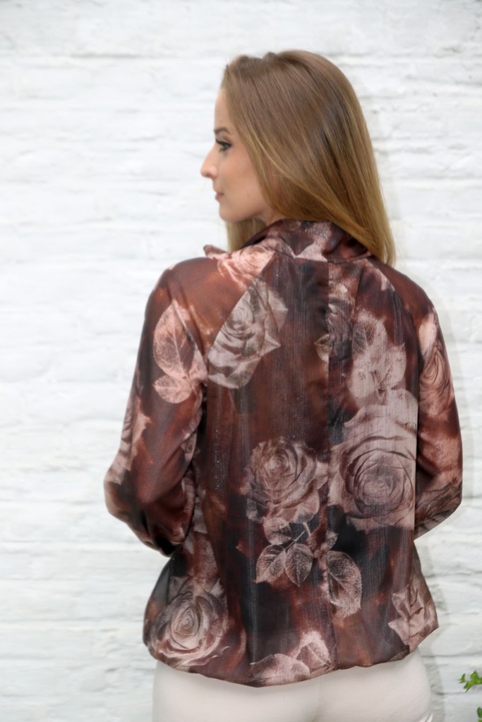 [10017492] Blouse Lieske nm43 opstaande jabotkraag glamy rozenprint - Bruin-beige Detail