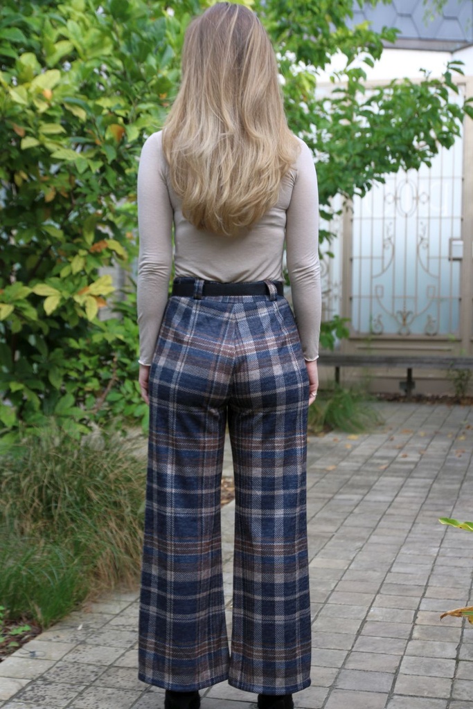 Flare broek Livio grote schotse ruit elastische flanel jersey  - Donkerblauw-beige Detail