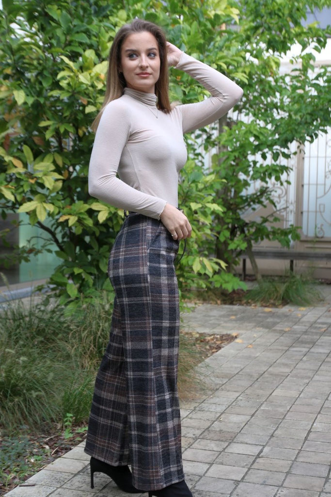 Flare broek Livio grote schotse ruit elastische flanel jersey  - Donkergijs-beige Detail