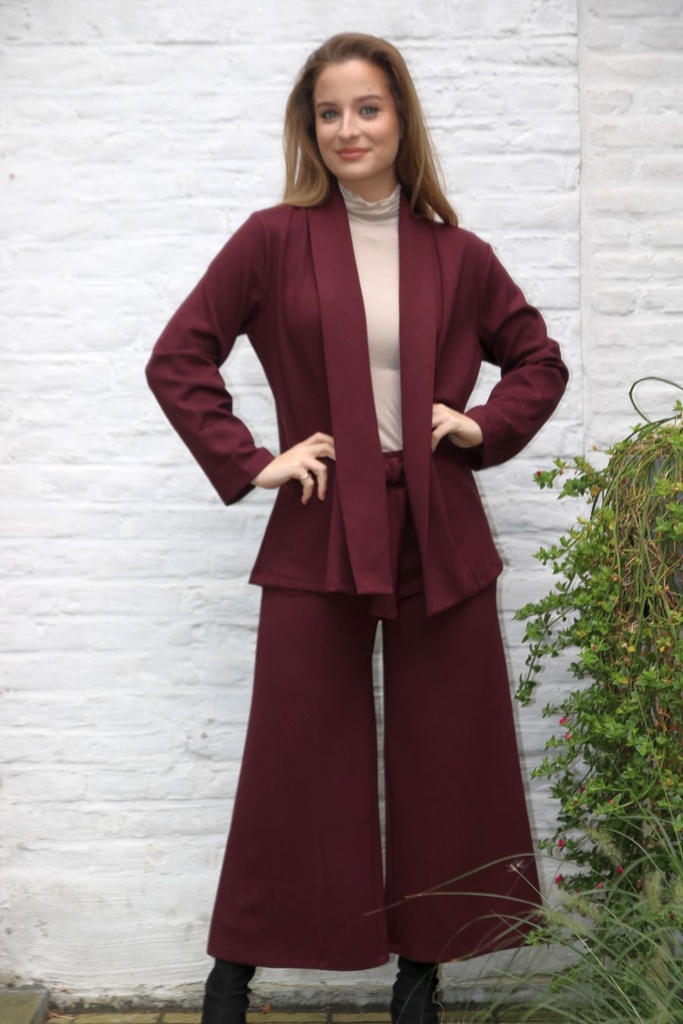 Flare broek Latifa nm38 fijn geribd taillebinder met strik - Bordeuax Detail