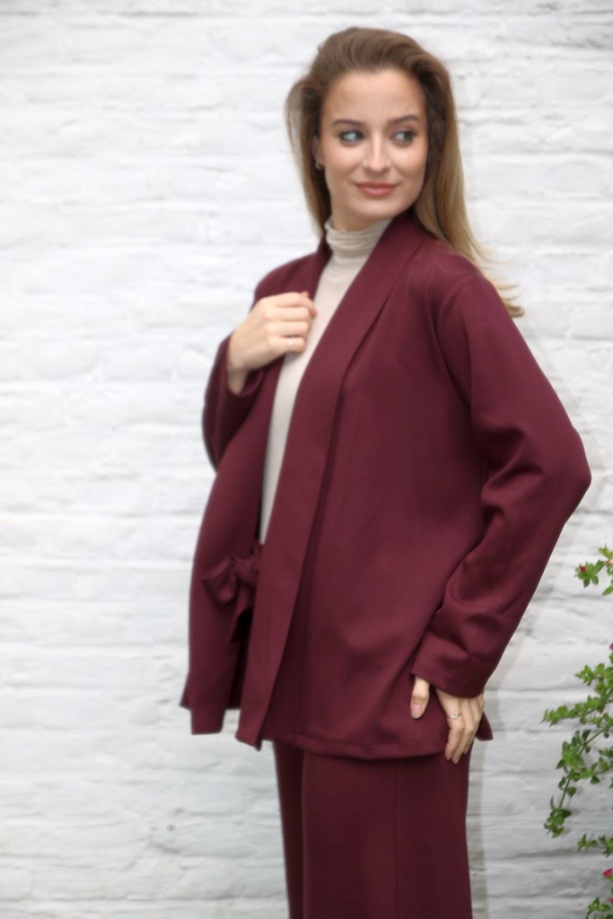 Korte jas Laetitia nm38 sjaalkraag fijn geribd - Bordeaux Detail