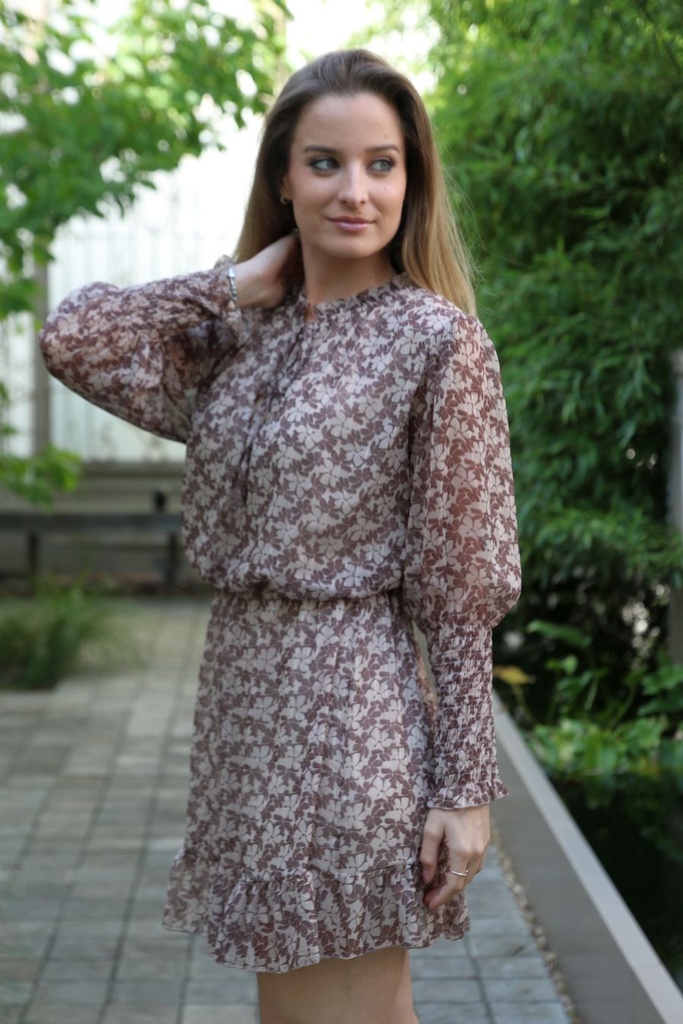 [10017505] Jurk Loris nm38 bloemetjes gepofte doorgesneden taille  - Beige-bruin Detail