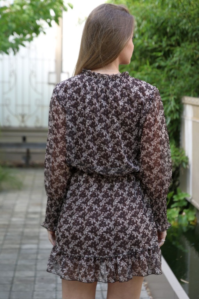 [10017505] Jurk Loris nm38 bloemetjes gepofte doorgesneden taille  - Bordeaux-beige Detail