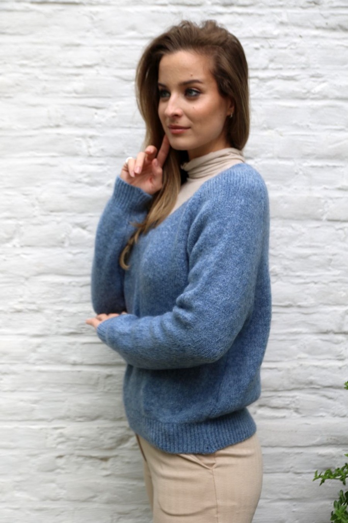 Pul Lourdes nm25 V-hals Amerikaanse mouwinzet wollig - Jeansblauw Detail